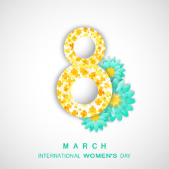 8 of March International Women's Day vector poster on the gradient gray background with turquoise flowers, paper cutout number with yellow floral pattern.