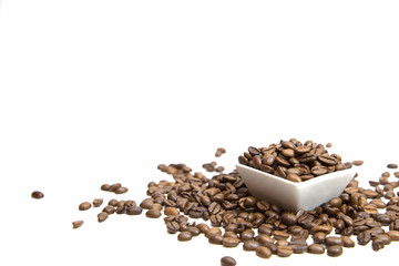 Coffee beans with white small dish on white background, Isolated.