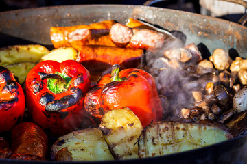 Freshly cooked grilled vegetables, tomatoes, mushrooms, eggplant, pepper ...