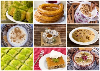Turkish desserts collage; halka tatli, sambali, asure, baklava