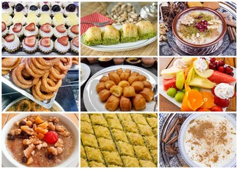 Turkish desserts collage; halka tatli, sambali, asure, baklava
