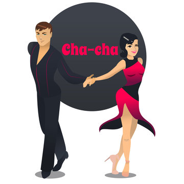Cha Cha Dancers. Dancing Couple in Cartoon Style for Fliers Posters Banners Prints of Dance School and Studio. Vector Illustration