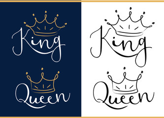 Queen and king. Black text logo with royal crown and tiara. Doodle illustration, hand drawn design element isolated on white background. Royal print: t-shirt, cup, pillow, wedding invitation, poster. Wall mural