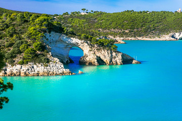 Naklejka premium Włoskie wakacje w Apulii - naturalny park Gargano z pięknym turkusowym morzem