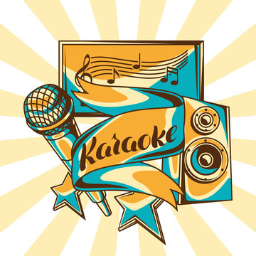 Karaoke party design. Music event background. Illustration with microphone and acoustics in retro style