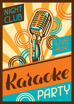 Karaoke party poster. Music event banner. Illustration with microphone in retro style