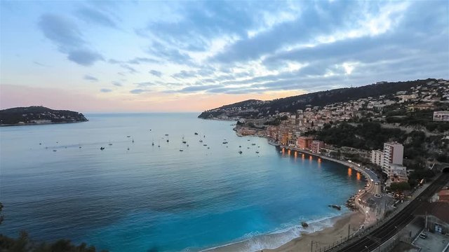 Panoramic view of Villefranche-sur-Mer and the bay of Villefranche on sunset, Alpes-Maritimes, France
