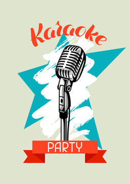 Karaoke party poster. Music event banner. Illustration with microphone in retro style