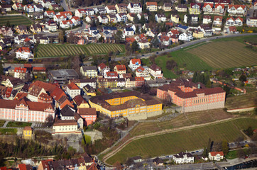 Aerial view of Meersburg and ferry port, Lake Constance, South  Germany in spring