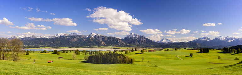 Fototapeta na wymiar Panorama Landschaft in Bayern im Allgäu mit Forggensee und Berge