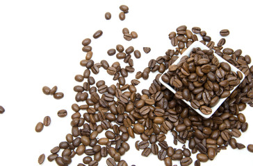 Coffee beans with white small dish on white background, Isolated.