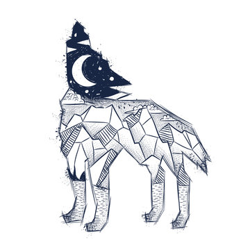 wailing wolf, a mountain landscape, a forest, a night and a moon. sketch for print on T-shirt, magic, isotherica, hipster style, vector graphics