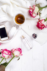 Fresh rose with tea and perfum