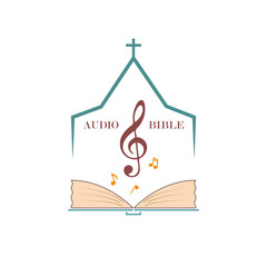 Logo Audio Bible
Christian logo for audio studios, preaching the word of God. Vector emblem of the treble clef and the Bible under the roof of the church.