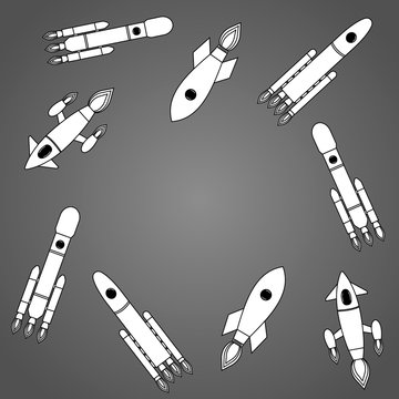 A set of painted spaceships flying in different directions on a gray background