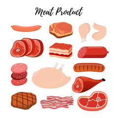 Vector meat products, butcher shop. Beef, sirloin, ham, chicken, jamon. Cartoon flat style
