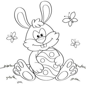 Easter Bunny with egg. Black and white vector illustration for coloring book