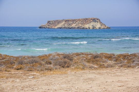 Geronisos Island. Cape Drepanon. Cyprus landscape. Mediterranean sea