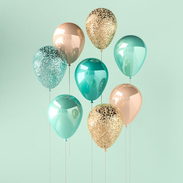 Set of turquoise and golden glossy balloons on the stick with sparkles on blue background. 3D render for birthday, party, wedding or promotion banners or posters. Vibrant and realistic illustration.