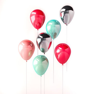 Set of pink, green and silver glossy balloons on the stick on isolated white background. 3D render for birthday, party, wedding or promotion banners or posters. Vibrant and realistic illustration.