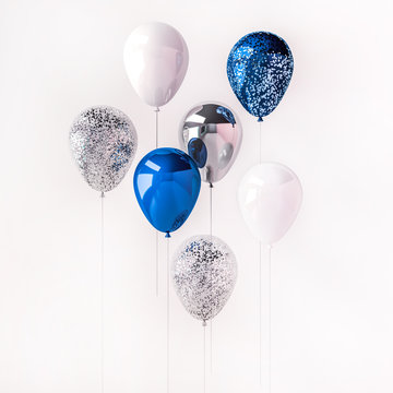 Set of blue and silver glossy balloons on the stick with sparkles on white background. 3D render for birthday, party, wedding or promotion banners or posters. Vibrant and realistic illustration.
