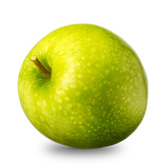Single green apple isolated on white background with clipping path and shiny reflections