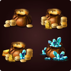 Bag with coins set magic icon