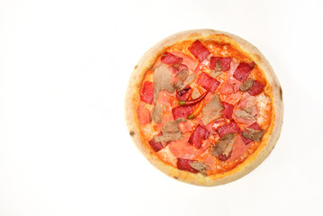 Pizza with bacon, pepperoni and pork isolated on white background.