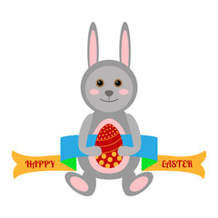 Funny cute easter rabbit with egg. Vector illustration for greeting card
