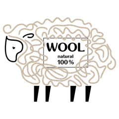 Label with cute sheep and wool threads. Vector image. Design for firms engaged in the production of goods and of yarn wool. 