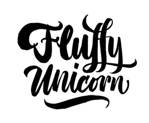 Unicorn lettering. Hand drawn calligraphy brush pen. Black on white text on white background. Minimal inscription fluffy unicorn.