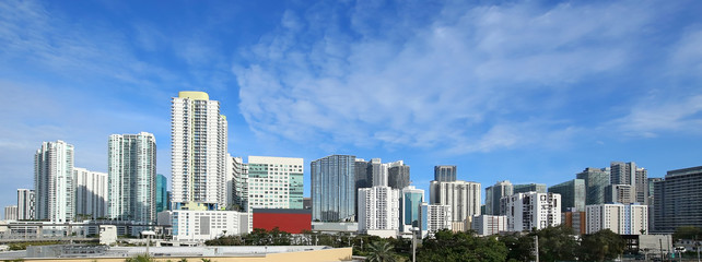 Panoramic skyline view of downtown Miami as seen from Interstate Highway I-95.