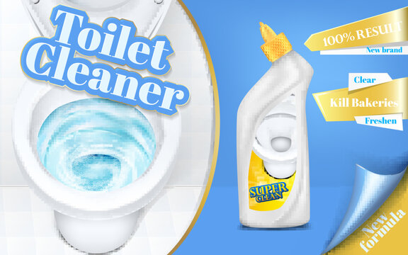 Vector poster of toilet cleaner ads, flushing water with detergent, top view of bowl in 3d illustration. Cleaning concept, liquid disinfectant promotion. Antiseptic brand, chemistry banner