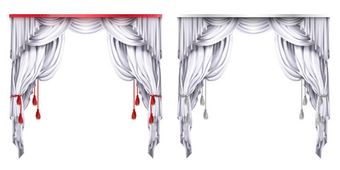 Vector silk, velvet drapes with red or white tassels. Theatrical curtain with folds. Decoration element for performance, premiere. Elegant blinders. Great concept for presentation. Drapery background