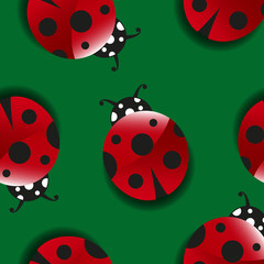 Seamless pattern with cute cartoon ladybugs on green background. Lucky Symbol. Good luck. Spring, summer, bug, red, object, garden, insect, black, dot. Vector eps 10 illustration