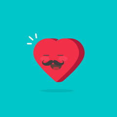 Heart character with happy face vector illustration, flat cartoon romantic heart boy with moustache and positive emotion icon