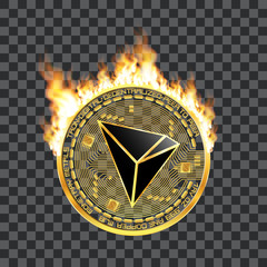Crypto currency golden coin with black lackered tron symbol on obverse surrounded by realistic flame and isolated on transparent background. Vector illustration.