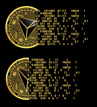Set of crypto currency golden coins with black lackered tron symbol on obverse isolated on black background. Vector illustration. Use for logos, print products, page and web decor or other design.