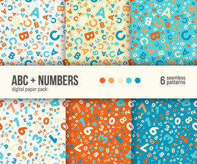 ABC and math background for kids education. Digital paper pack, set of 6 abstract geometric backgrounds. Seamless vector patterns collection. 