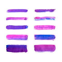Set of blue and purple hand drawn paint, ink brush strokes, brushes, lines watercolor isolated on white background