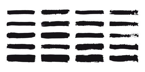 Collection of grunge brush strokes. Painted stripes set. Black ink hand drawn texture. Lines isolated on white background