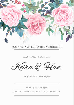 The classic design of a wedding invitation with flowering roses, plants, white flowers and leaves. Pastel color floral border. Elegant vertical card template. Vector illustration.