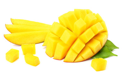 mango slice with green leaves isolated on white background