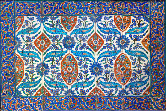 Ottoman era style glazed ceramic tiles from Iznik (Turkey) decorated with floral ornamentations