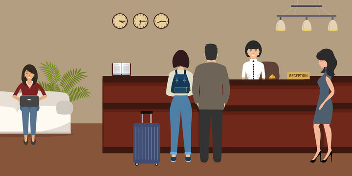 Hotel reception. Young woman receptionist stands at reception desk. There are also visitors here. Travel, hospitality, hotel booking concept. Vector illustration