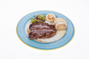 steak roast beef with steamed potatoes on white background