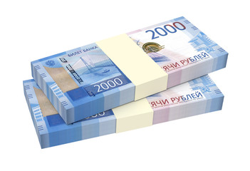 Russian ruble bills isolated on white with clipping path. 3D illustration.