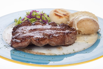 steak roast beef with steamed potatoes on white background