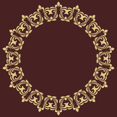 Oriental round golden frame with arabesques and floral elements. Floral fine border with vintage pattern. Greeting card with place for text