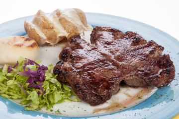 steak roast beef with steamed potatoes on white background